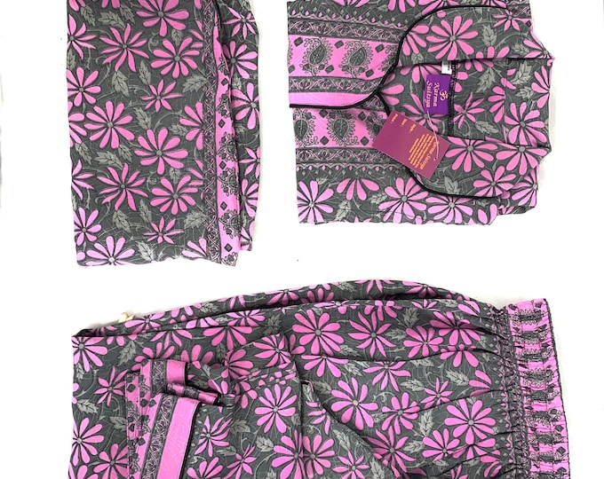 Sari Silk Pyjama Set, Large Size with matching gift bag. Quality Handmade Nightwear (SKU:727-1839)