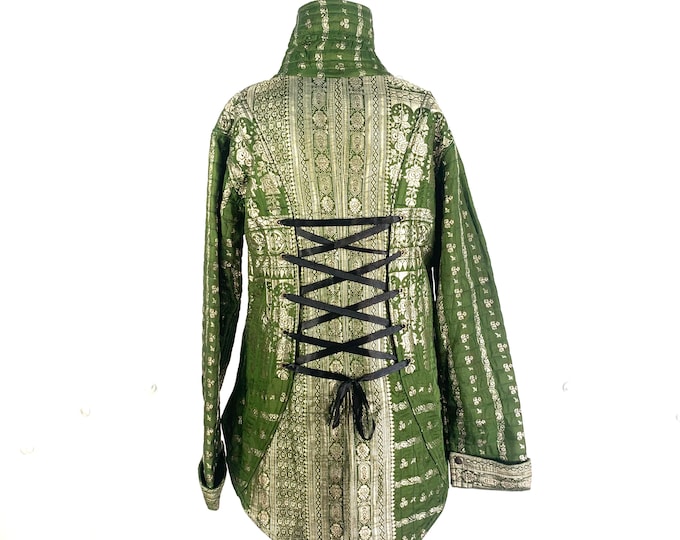 XL. Steampunk Silk Brocade Tailcoat. Unisex & Unique, Fleece lined Pirate Coat. Corsetage at back for adjustable sizing.