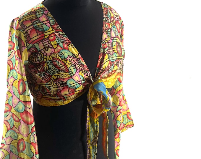 Joy Bell Sleeve Crop Top, Sari Summer Wrap, Handmade Silky, Light Hippy Style UK-2XL (SKU:573-10345)