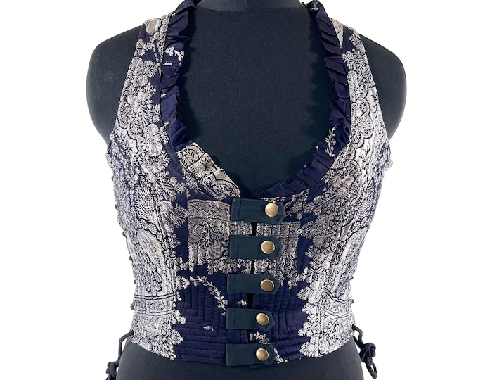 M. Mia Waistcoat; Boho Top - Navy Blue & Silver - Vintage Silk Brocade  (SKU:2142-9672)