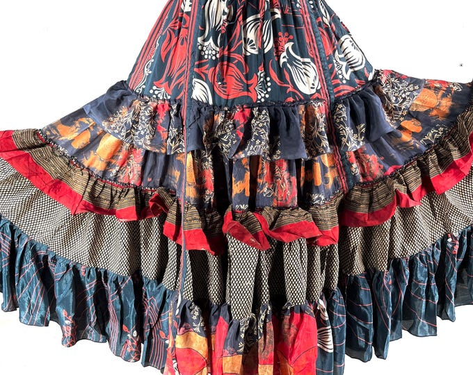 Jazmyn 25 Yard Skirt handmade in Vintage Summer Silk, Maxi One Size; (28"-42" Waist) Peasant Bellydance Flamenco SKU:738-8960