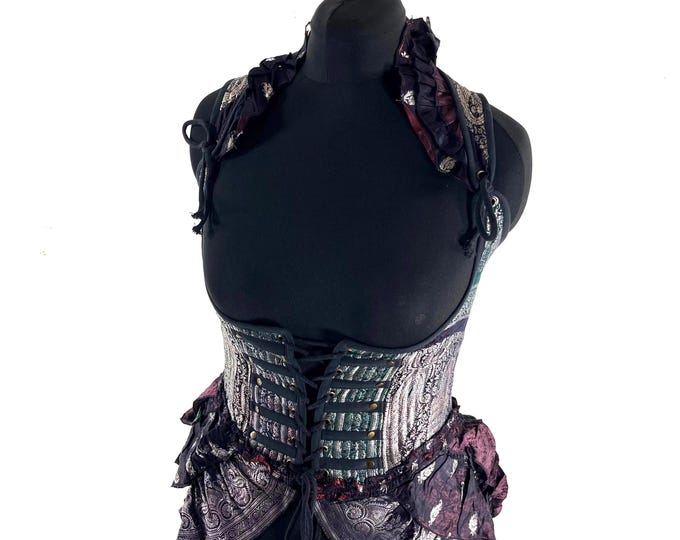 XL Elisa Bustier Dress; Steampunk Under-bust Long Body Corset in Silk Brocade, (SKU:2004-10247)