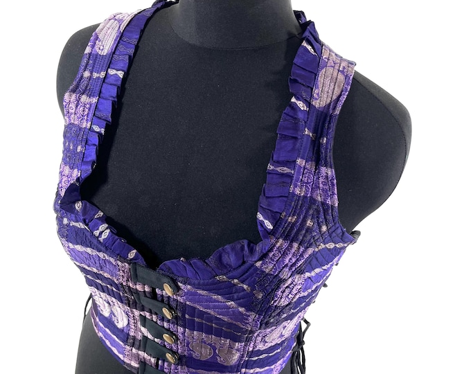 XL. Mia Waistcoat; Boho Top - Blue Mauve & Silver - Vintage Silk Brocade  (SKU:2144-9695)
