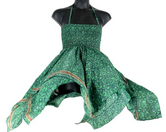 Silk Fairy Dress, Gina Midi Sundress Plus Size 38" long perfect for Summer travel (Cool Meadow green & blue Summer Silk) SKU:906-5152