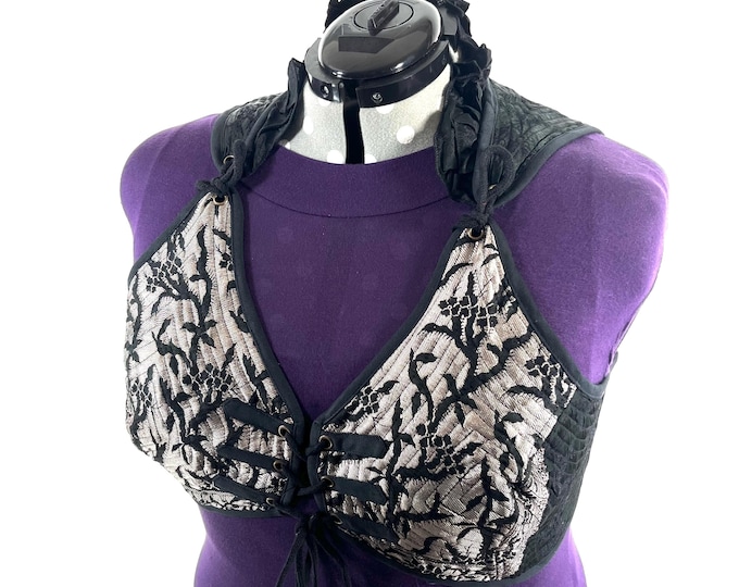 7XL Fae Corset Top - Black & Silver Bra Top - Vintage Silk Brocade  (SKU:3039B-9834)