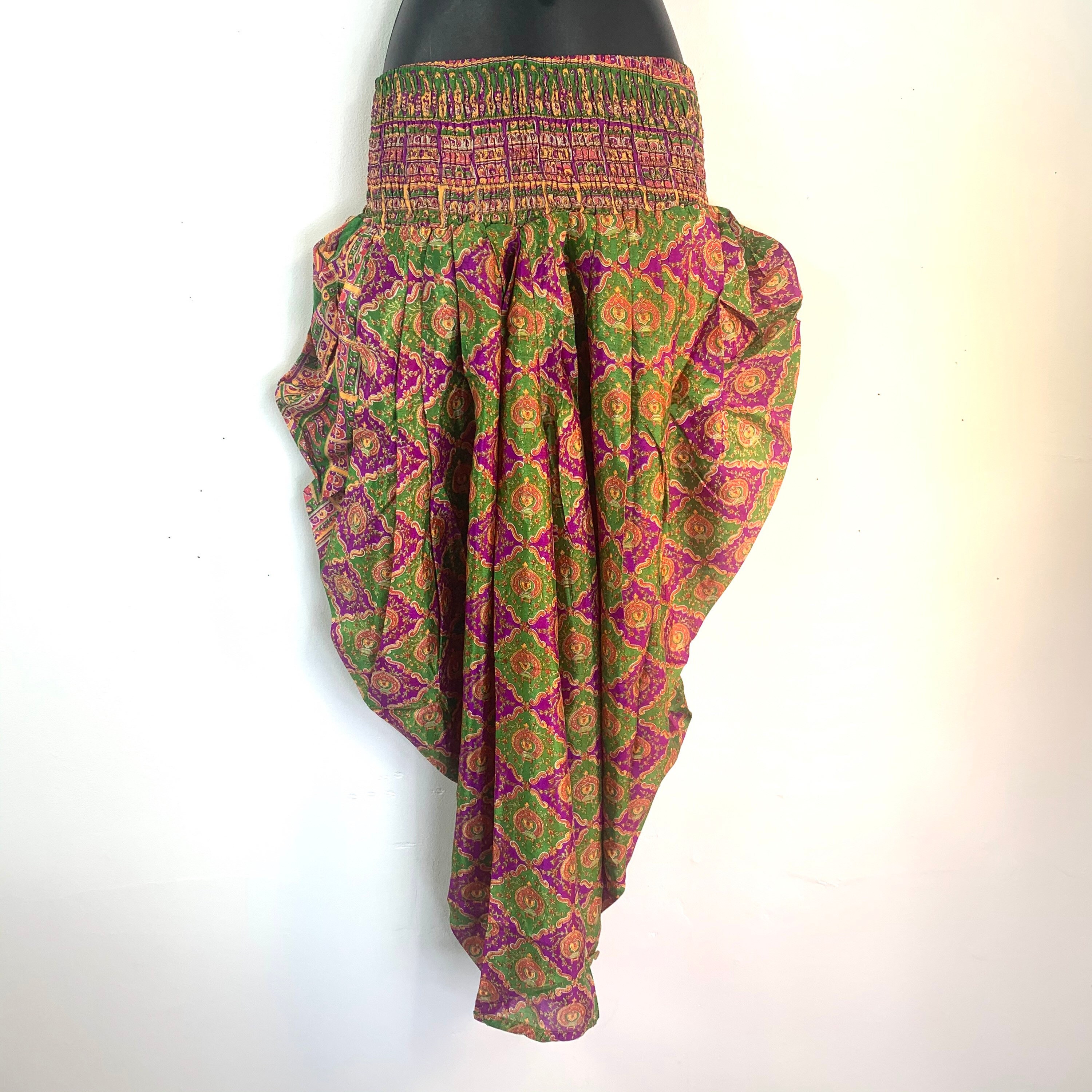 Image of Waterfall Harem Eco Trousers, Silk, Adult O/S Green & Purple, Yoga, Casual Pants, Elasticated, Loose, Comfortable