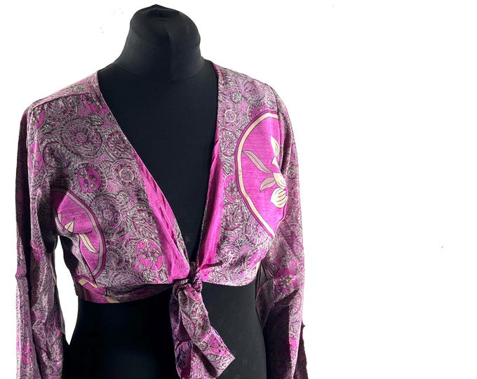 Joy Bell Sleeve Crop Top, Sari Summer Wrap, Handmade Silky, Light Hippy Style UK-L/XL (SKU:572-10323)