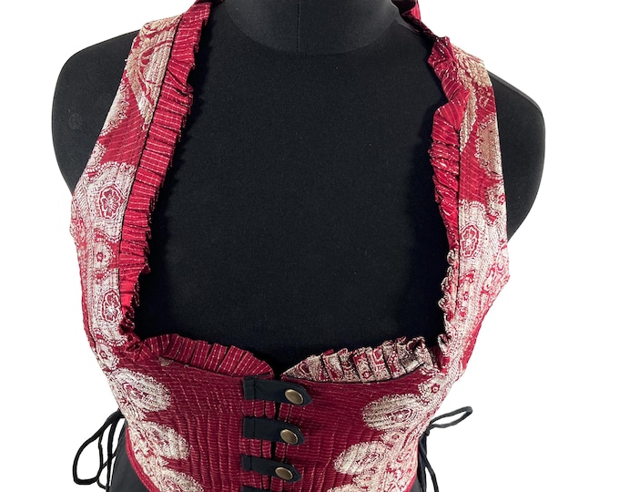 2XL. Mia Waistcoat; Boho Top - Red & Silver - Vintage Silk Brocade  (SKU:2145-9704)