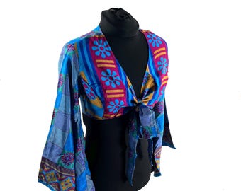 S/M Joy Bell Sleeve Crop Top, Sari Summer Wrap, Handmade Silky, Light Hippy Style (SKU:570-10309)