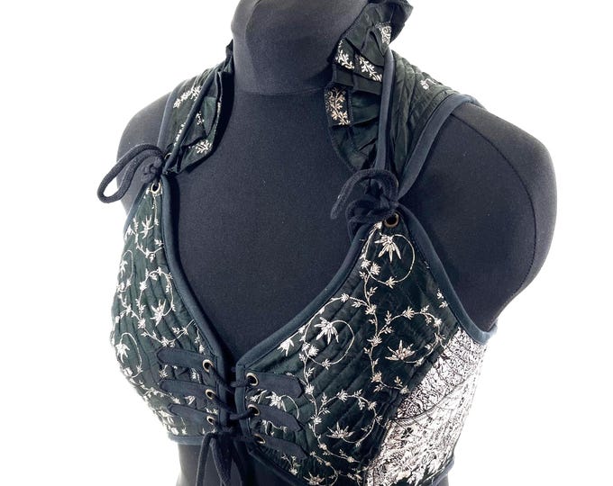 XL. Fae Corset Top - Black & Silver Bra Top - Vintage Silk Brocade  (SKU:3034-9773)