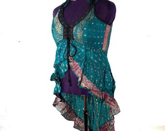 5XL Sophia Corset Dress with Hi-Low tiered skirt in Silk brocade. Handmade Renaissance Festival Steampunk Unique SKU:2000-8487