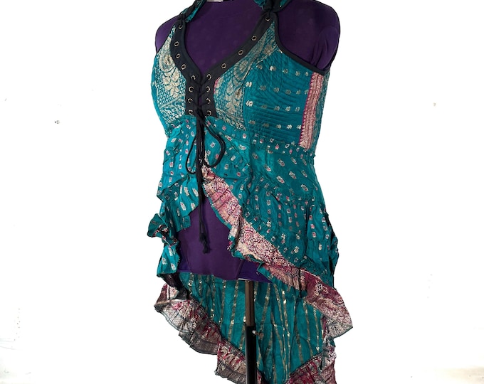 5XL. Sophia Corset Dress with Hi-Low tiered skirt in Silk brocade. Handmade Renaissance Festival Steampunk Unique SKU:2000-8487