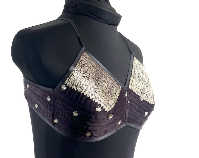 S Gia Cross Strap Bra Top, Handmade in Vintage Silk Brocade (SKU:2161-10065)