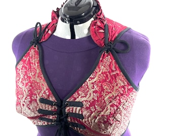 7XL Fae Corset Top - Red & Silver Bra Top - Vintage Silk Brocade  (SKU:3039B-9833)