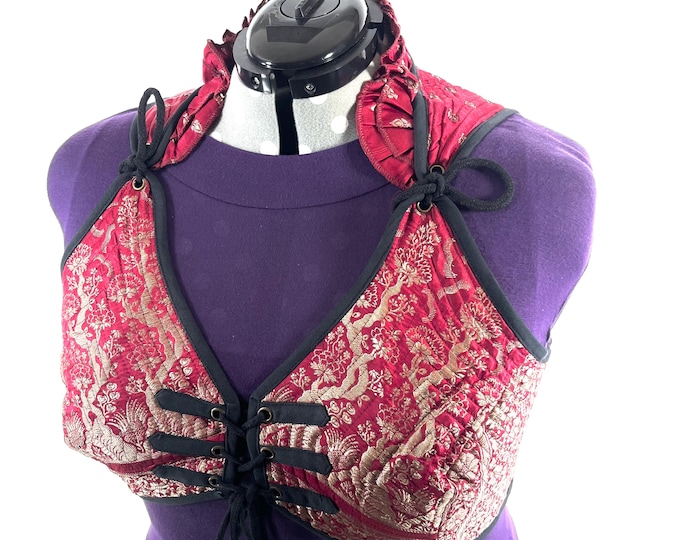 7XL Fae Corset Top - Red & Silver Bra Top - Vintage Silk Brocade  (SKU:3039B-9833)