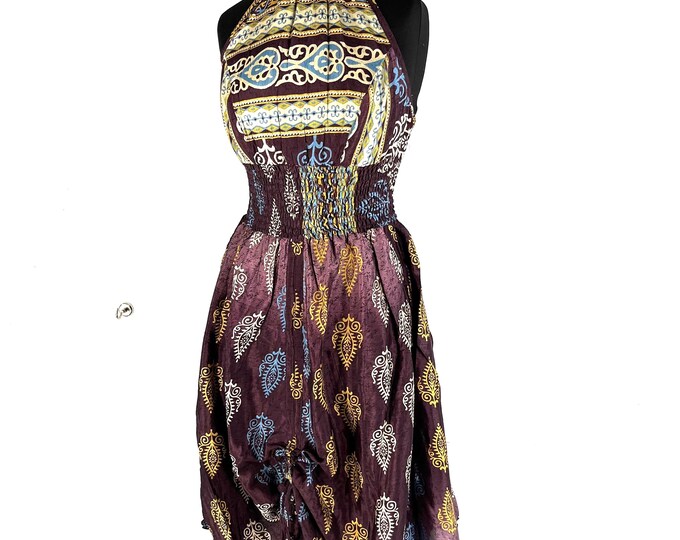 Sadie Silk Pixie Dress. One Size. A Sun Goddess Halter Dress with adjustable Rouches.  SKU:1031-5508