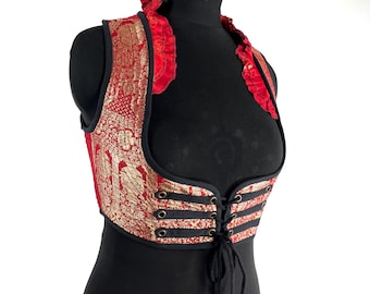 Underbust Corset Top; Ivy L Red & Gold steampunk vest handmade in Vintage Silk Brocade (SKU:2173-10126)