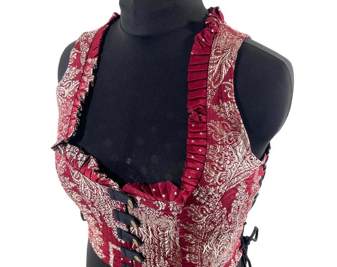 3XL. Mia Waistcoat; Boho Top - Red & Silver - Vintage Silk Brocade  (SKU:2146-9712)