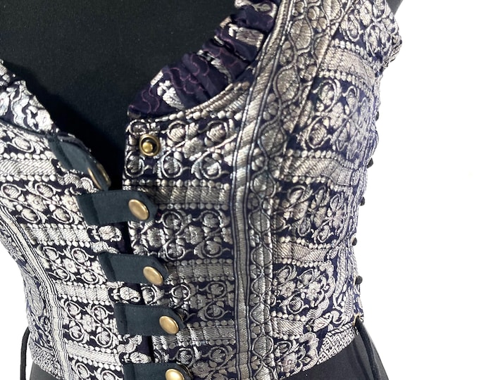 L. Mia Waistcoat; Boho Top - Dk Purple & Silver - Vintage Silk Brocade  (SKU:2143-9686)