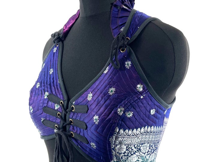 XL. Fae Corset Top - Blue & Silver Bra Top - Vintage Silk Brocade  (SKU:3034-9774)