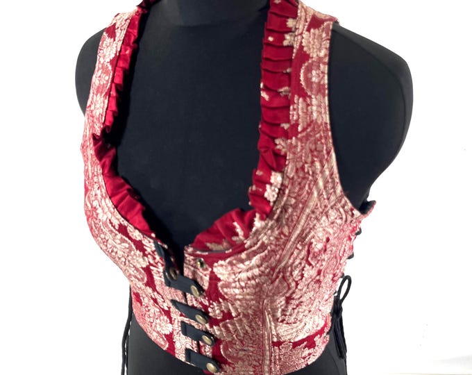 L. Mia Waistcoat; Boho Top - Red & Silver - Vintage Silk Brocade  (SKU:2143-9691)