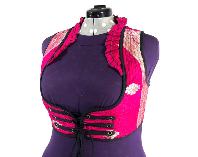 Underbust Corset Top; Ivy 4XL pink & gold steampunk vest handmade in Vintage Silk Brocade (SKU:2177-10168)