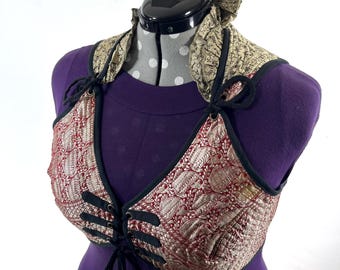 6XL. Fae Corset Top - Red & Silver Bra Top - Vintage Silk Brocade  (SKU:3038-9813)
