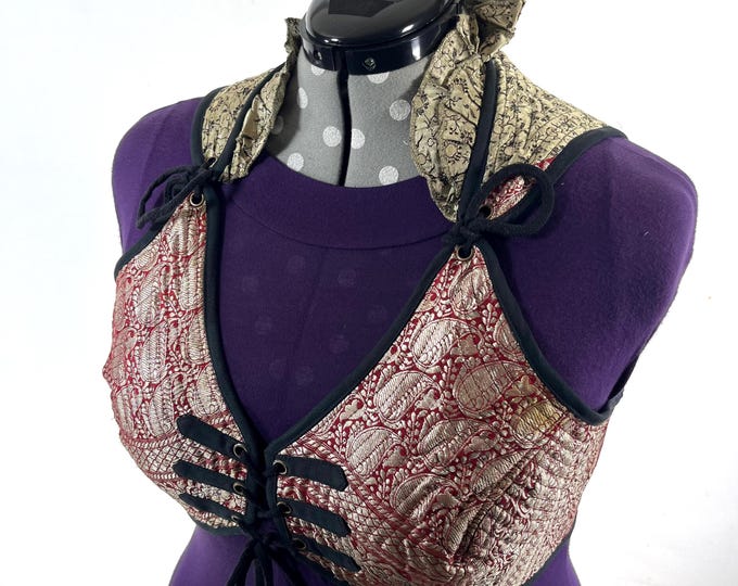 6XL. Fae Corset Top - Red & Silver Bra Top - Vintage Silk Brocade  (SKU:3039-9813)