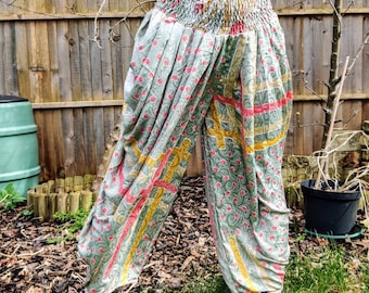 Caroline Waterfall Harem Pants. Silk. One size, Elasticated waist. Comfy yoga Eco Trousers. Silver, Sage Green, Floral Pink, Gold