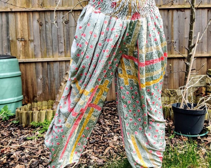 Caroline Waterfall Harem Pants. Silk. One size, Elasticated waist. Comfy yoga Eco Trousers. Silver, Sage Green, Floral Pink, Gold