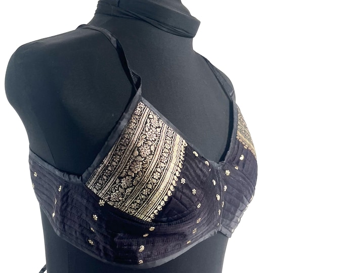 M Gia Cross Strap Bra Top, Handmade in Vintage Silk Brocade (SKU:2162-10053)