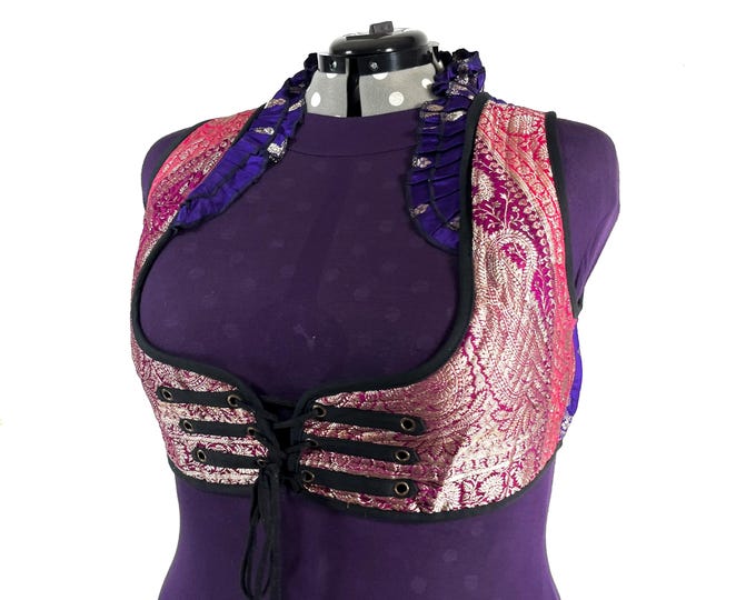 Underbust Corset Top; Ivy 6XL blue & silver steampunk vest handmade in Vintage Silk Brocade (SKU:2179-10189)