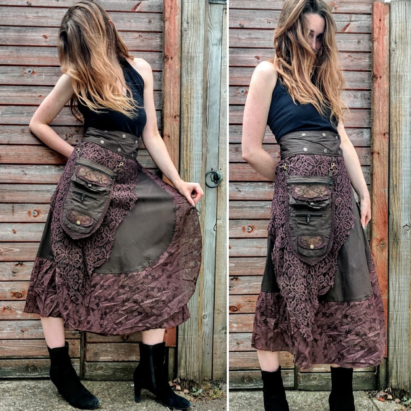 Image of Brown Steampunk Wrap Skirt in Cotton. Pagan Long Skirt, Celtic, Pixie, Gothic, Larp, Victorian With Purse