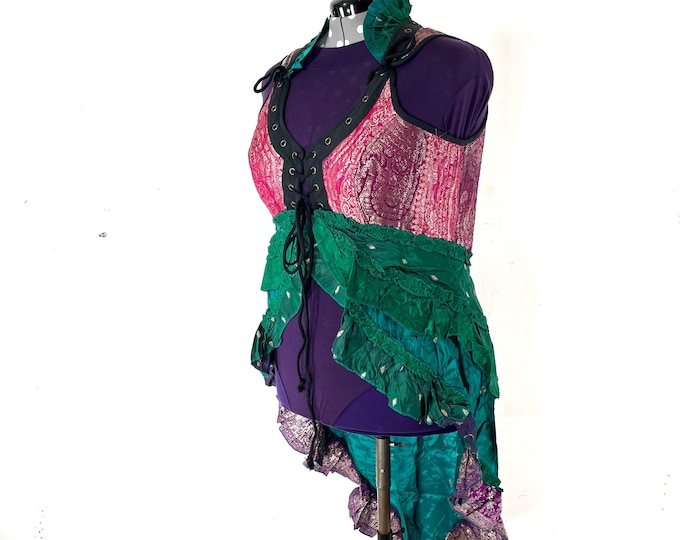 4XL. Sophia Corset Dress with Hi-Low tiered skirt in Silk brocade. Handmade Renaissance Festival Steampunk SKU:2000-8587