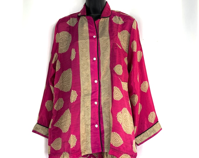 Sari Silk Pyjama Set, Large Size with matching gift bag. Quality Handmade Nightwear (SKU:727-1850)