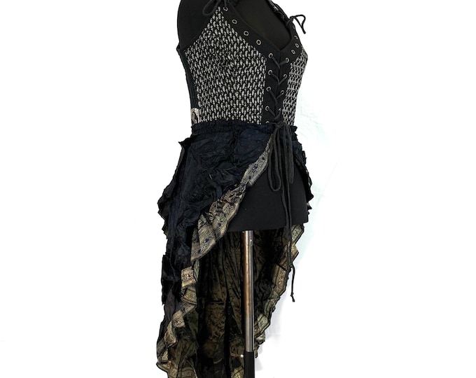 L. Varuna Corset Dress in Silk Brocade with long body; Larp Renaissance Corset Dress.  SKU:2002-2624