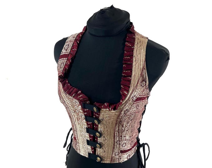 S. Mia Waistcoat; Boho Top - Red & Silver - Vintage Silk Brocade  (SKU:2141-9653)