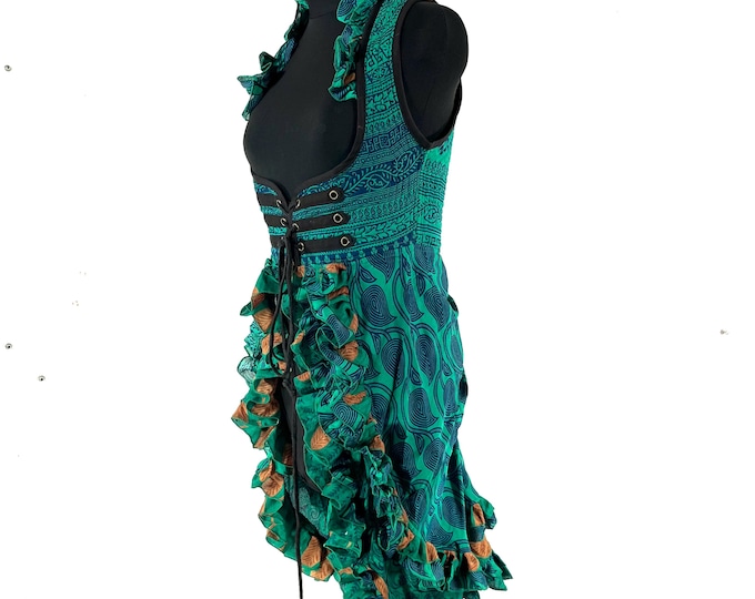 S.  Celeste Corset Dress with adjustable skirt in Vintage Silk. (Steampunk, Boho, Renaissance Style) SKU:980-9558