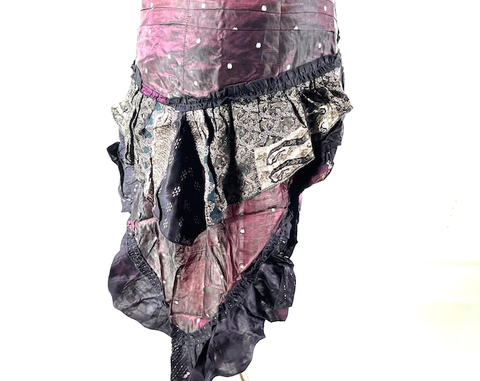 Bustle Wrap Over Skirt Vintage Silk Brocade, Luna M/L; Tribal Belly Dance mini skirt, Steampunk Festival Cosplay Tail Skirt SKU:221-7126