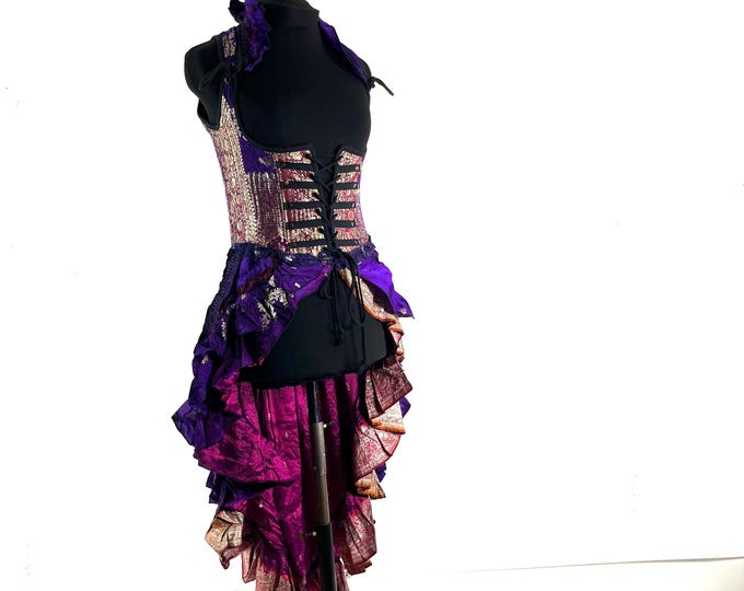 S Elisa Bustier Dress; Steampunk Under-bust Long Body Corset in Silk Brocade, (SKU:2004-10259)