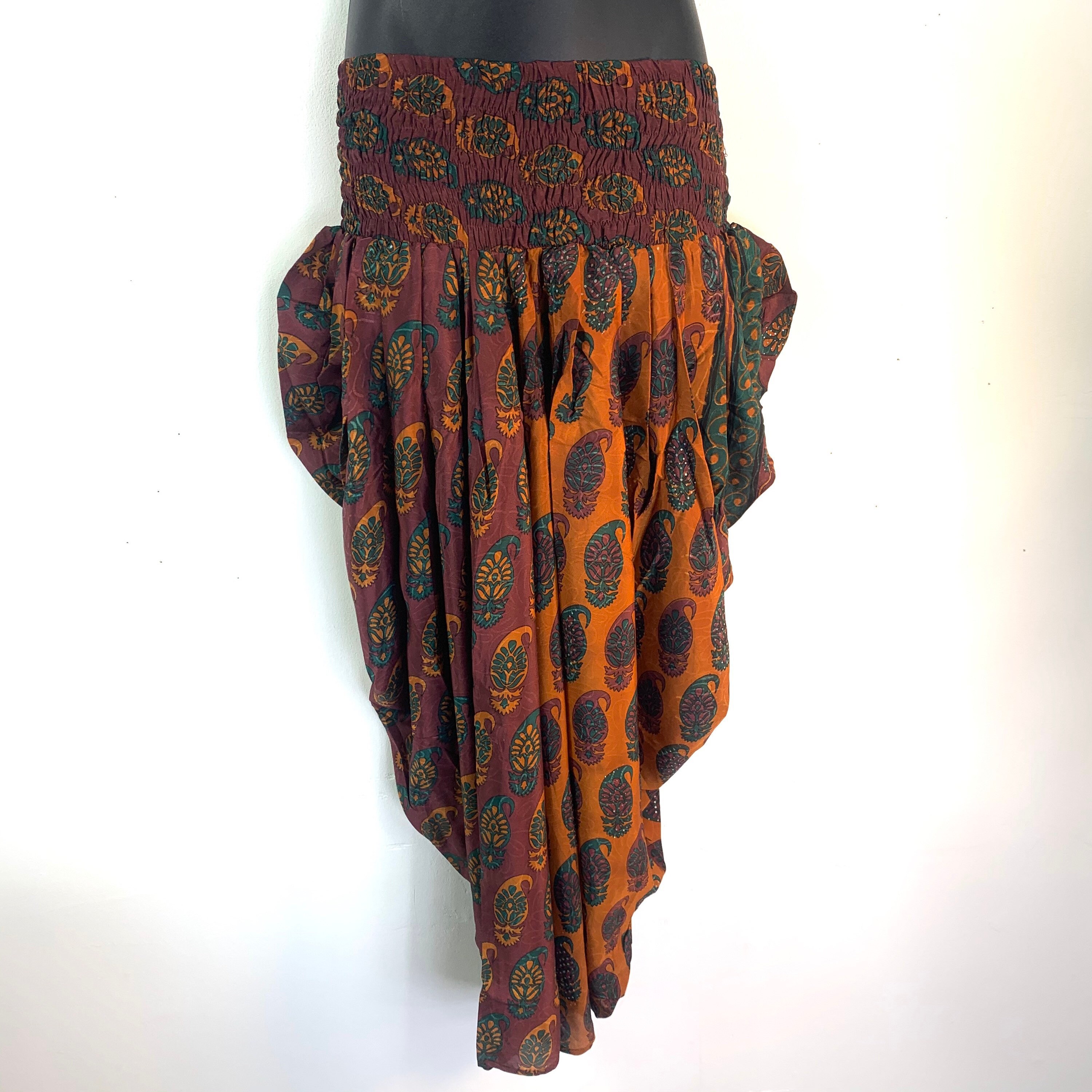 Image of Waterfall Harem Eco Trousers, Silk, Adult O/S], Maroon & Orange, Yogapants, Casual Pants, Elasticated, Loose, Comfortableo/S