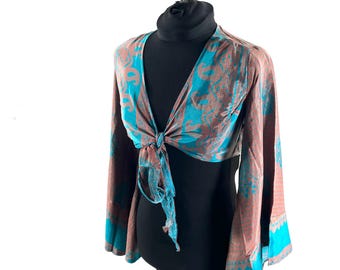 S/M Joy Bell Sleeve Crop Top, Sari Summer Wrap, Handmade Silky, Light Hippy Style (SKU:570-10304)