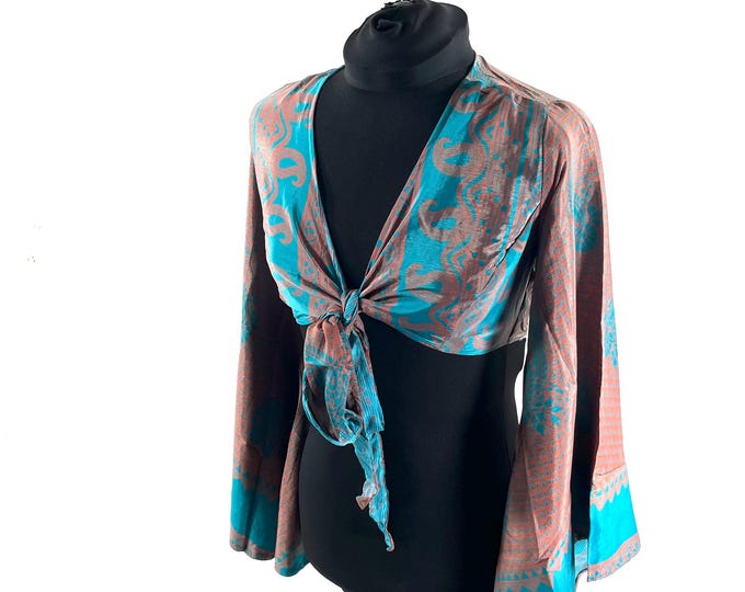 Joy Bell Sleeve Crop Top, Sari Summer Wrap, Handmade Silky, Light Hippy Style UK-S/M  (SKU:570-10304)
