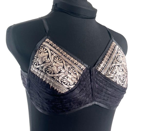M Gia Cross Strap Bra Top, Handmade in Vintage Silk Brocade (SKU:2162-10059)