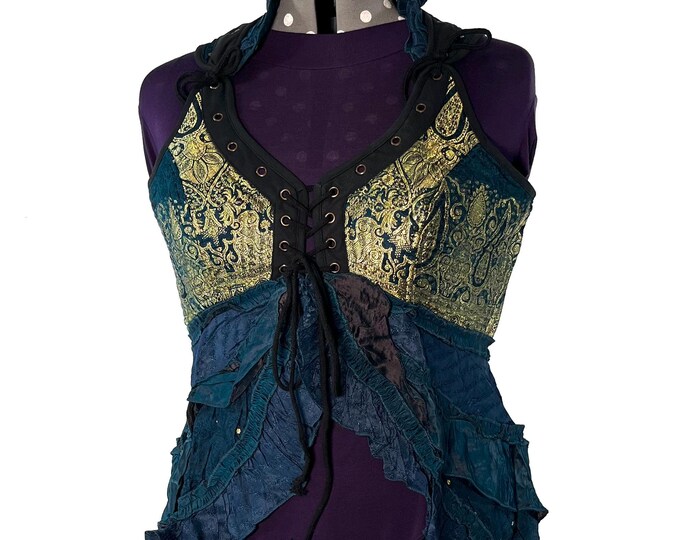 5XL. Sophia Corset Dress with Hi-Low tiered skirt in Silk brocade. Handmade Renaissance Festival Steampunk Unique SKU:2000-8482