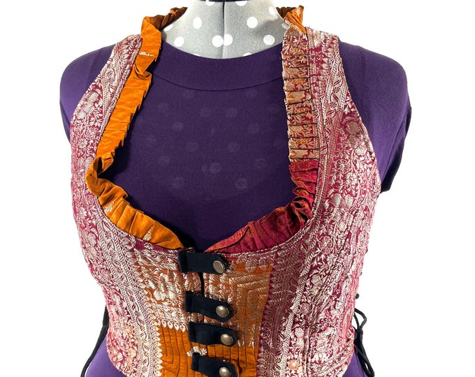 4XL. Mia Waistcoat; Boho Top - Orange & Silver - Vintage Silk Brocade  (SKU:2147-9728)