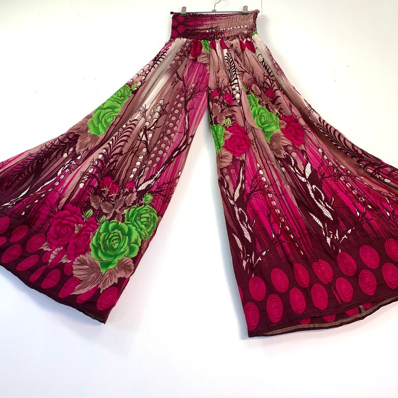 One Size with Elasticated Waist Palazzo Flow Pants Wide Leg trousers Pink floral Silk Culottes