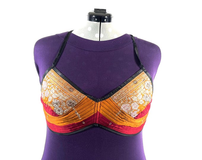 XL Gia Cross Strap Bra Top, Handmade in Vintage Silk Brocade (SKU:2164-10010)