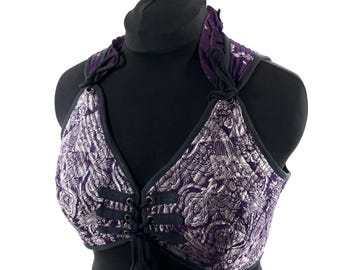 Fae 3XL Corset Top - Purple & Silver Bra Top - Vintage Silk Brocade  (SKU:3036-9793)