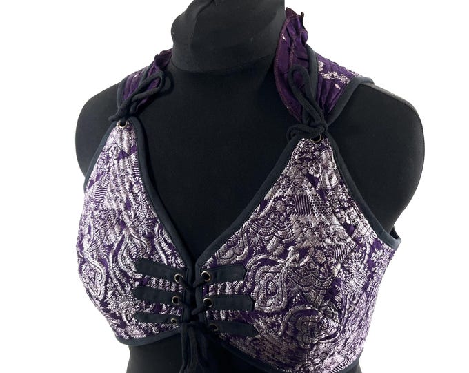3XL. Fae Corset Top - Purple & Silver Bra Top - Vintage Silk Brocade  (SKU:3036-9793)